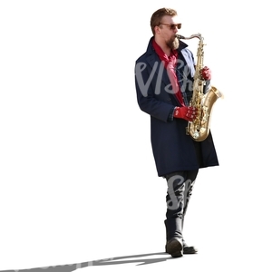 man playing a saxophone on the street