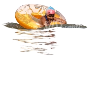 boy swimming with a yellow floatie