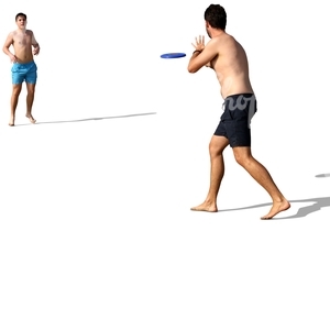 two men playing frisbee on the beach