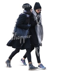 two women with large grey scarves walking side by side