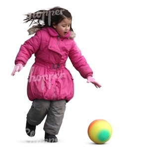 asian child in a pink jacket playing with a ball 