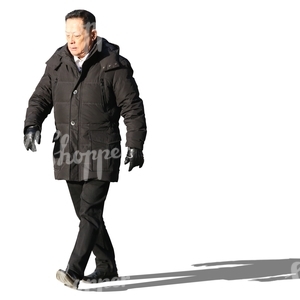 asian man wearing a black coat walking