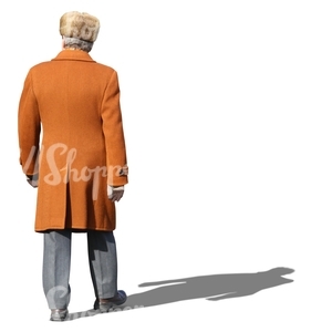 man in an orange winter coat walking