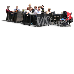 outdoor cafe scene with people eating and drinking 