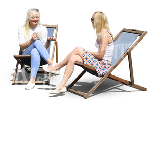 two women sitting on sling chairs and drinking coffee