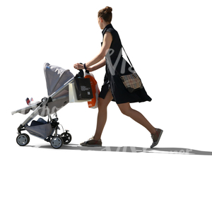 woman in a black dress pushing a baby carriage