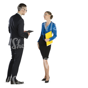 businessman and businesswoman standing and talking