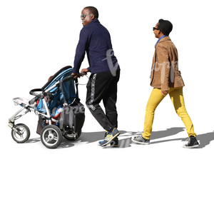 black couple with a baby carriage walking 