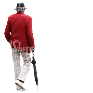 elderly gentleman with a hat and umbrella walking