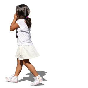 young girl with dark hair walking and eating an apple