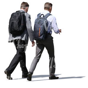 two businessmen with backpacks walking and talking