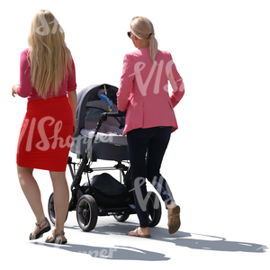 two women walking with a baby carriage