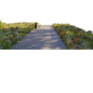 rendering of a foreground with paved road and flowerbeds