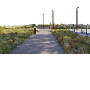 rendered foreground with paved pedestrian road and flowerbeds