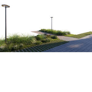 rendered foreground of a pedestrian road with some plants and flowerbeds