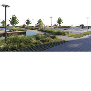 rendered foreground of a pedestrian area with paths and vegetation