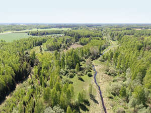aerial view of a landscape with forests and river in spring