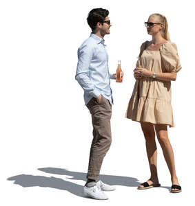 cut out man and woman standing and talking while drinking refreshing drinks