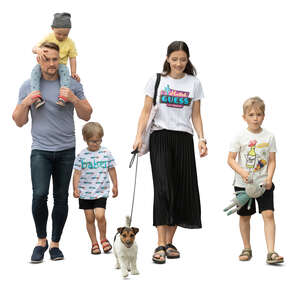 cut out family with three kids and a dog walking