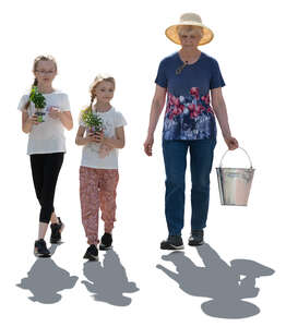 cut out grandmother with two grandchildren doing gardening