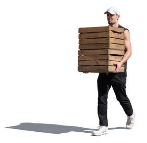 cut out man with a baseball cap carrying wooden boxes