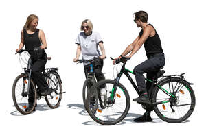 cut out group of three friends with bicycles standing
