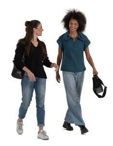 two cut out women walking and talking