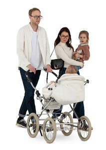 cut out family with a baby carriage walking