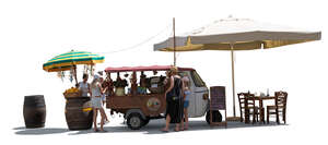 outdoor shopping stand with parasols and cafe and people standing