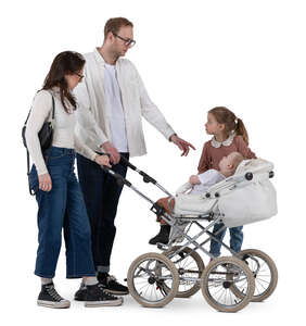 family with kids and baby carriage walking