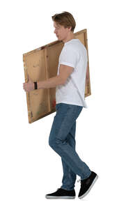 cut out man carrying a large wooden plate