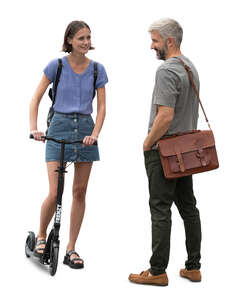 cut out woman with a scooter talking to a man