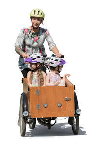 woman and two girls riding a cargo bike