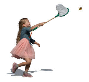 little girl running with a butterfly net after a butterfly