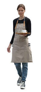 waitress carrying a tray with coffee cups