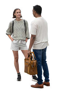 two people standing and talking