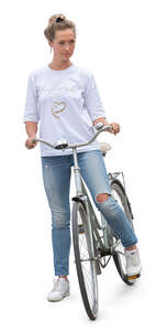 woman with a bike stopping