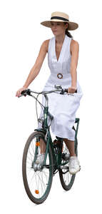 cut out woman in a white dress riding a bike