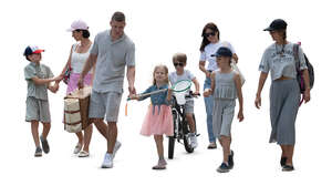 cut out group of adults and children going to a picnic