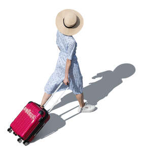 top view of a woman with a suitcase walking