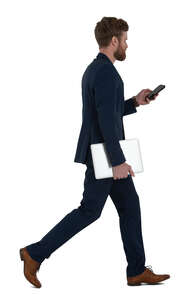 cut out man in a suit walking fast