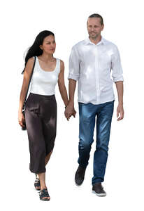 couple walking hand in hand in tree shade