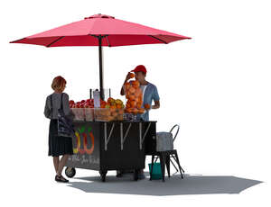 backlit scene of a woman buying fruit juice