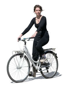 cut out woman in black clothing riding a bike