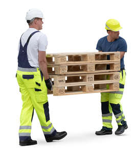 two workers carrying a load of pallets