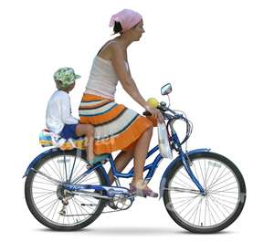 woman riding a bike with a boy at back