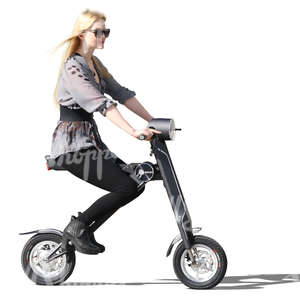 blonde woman riding a trendy scooter