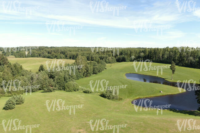 bird-eye view of a landscape with grass and lakes