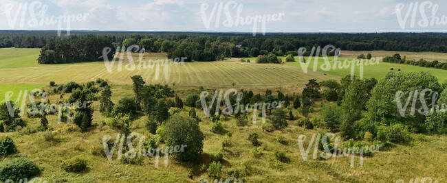 bird eye view of a countryside with fields and trees