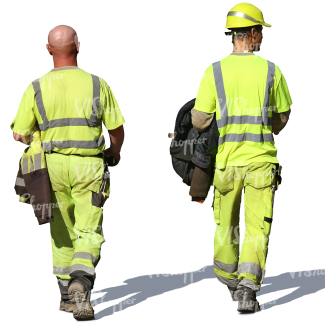 two workmen in work clothes walking in the sunlight - VIShopper